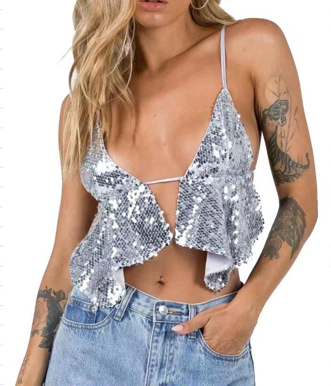 Top camiseta plateado cuello V sin espalda con cuentas