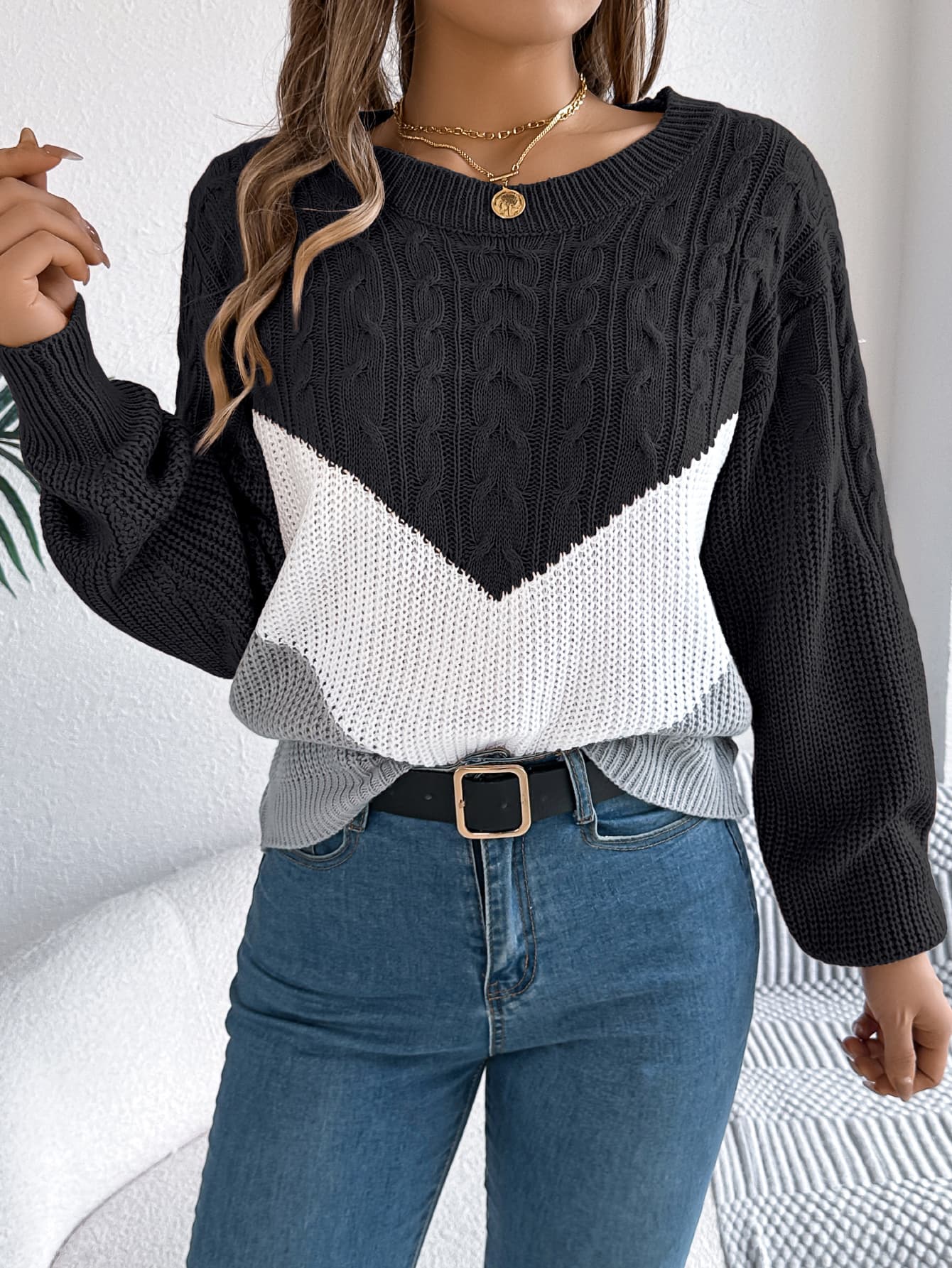 Suéter pullover para mujer con bloques de color y mangas linterna