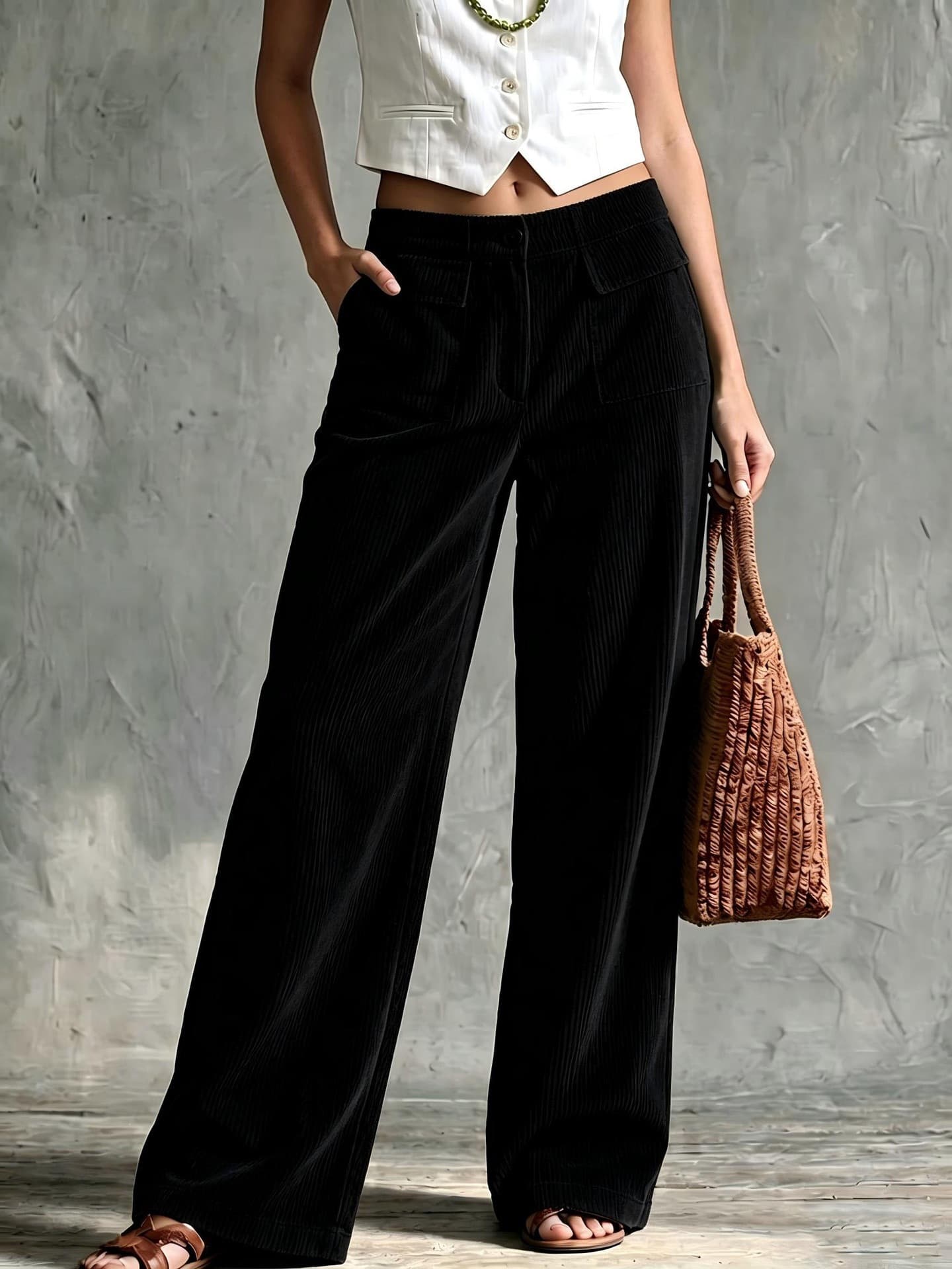 Pantalones de pana retro con talle alto y doble bolsillo