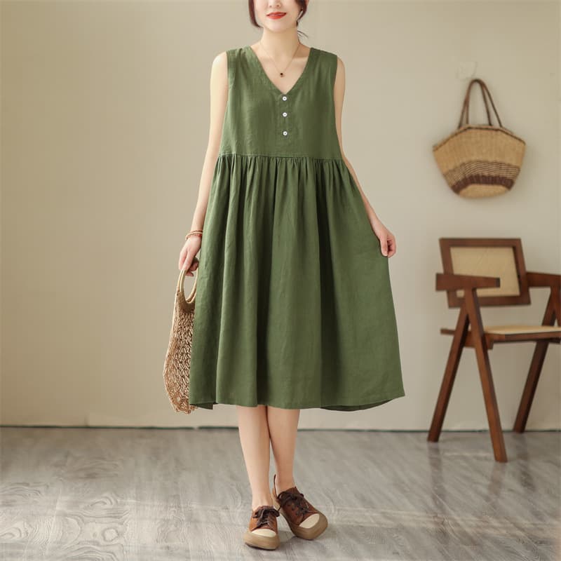 Vestido lino algodón color sólido sin mangas con cuello en V