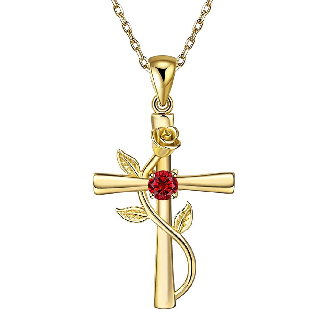 Collar de cruz con rosas y piedra de nacimiento de cobre