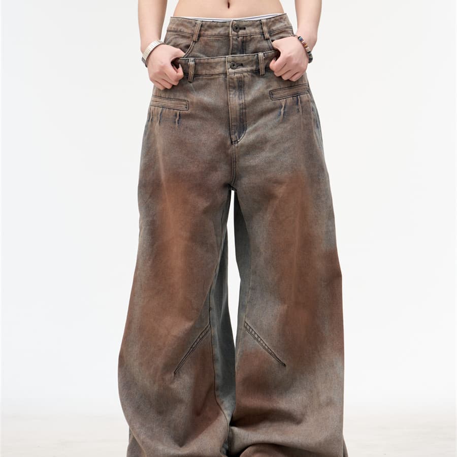Pantalones vaqueros para mujer retro americano cintura doble lavado