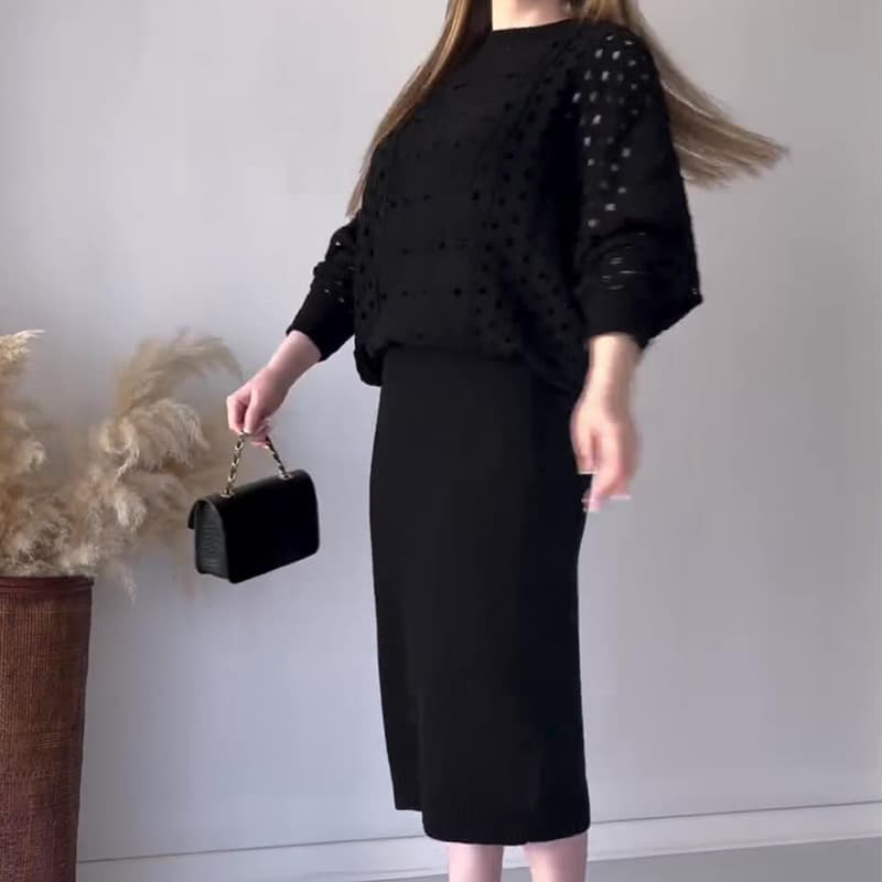 Conjunto de blusa calada y falda tejida para mujer