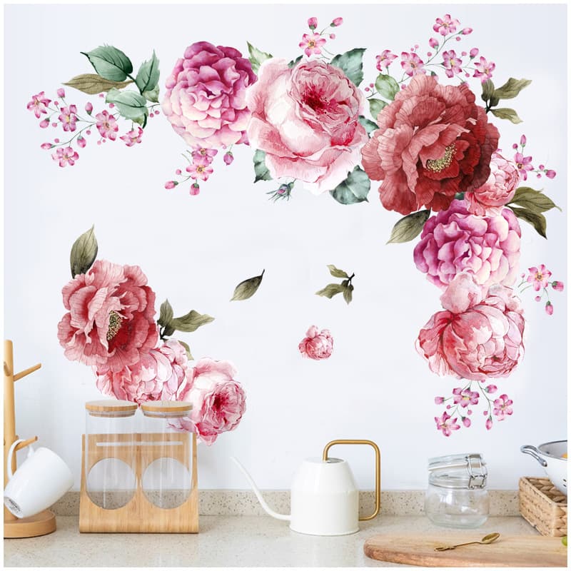 Adhesivo de pared con peonías acuarela y flores para decoración