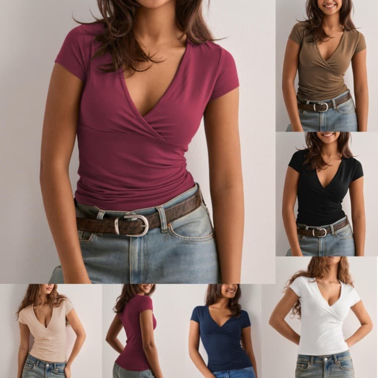 Camiseta cuello en V manga corta color sólido