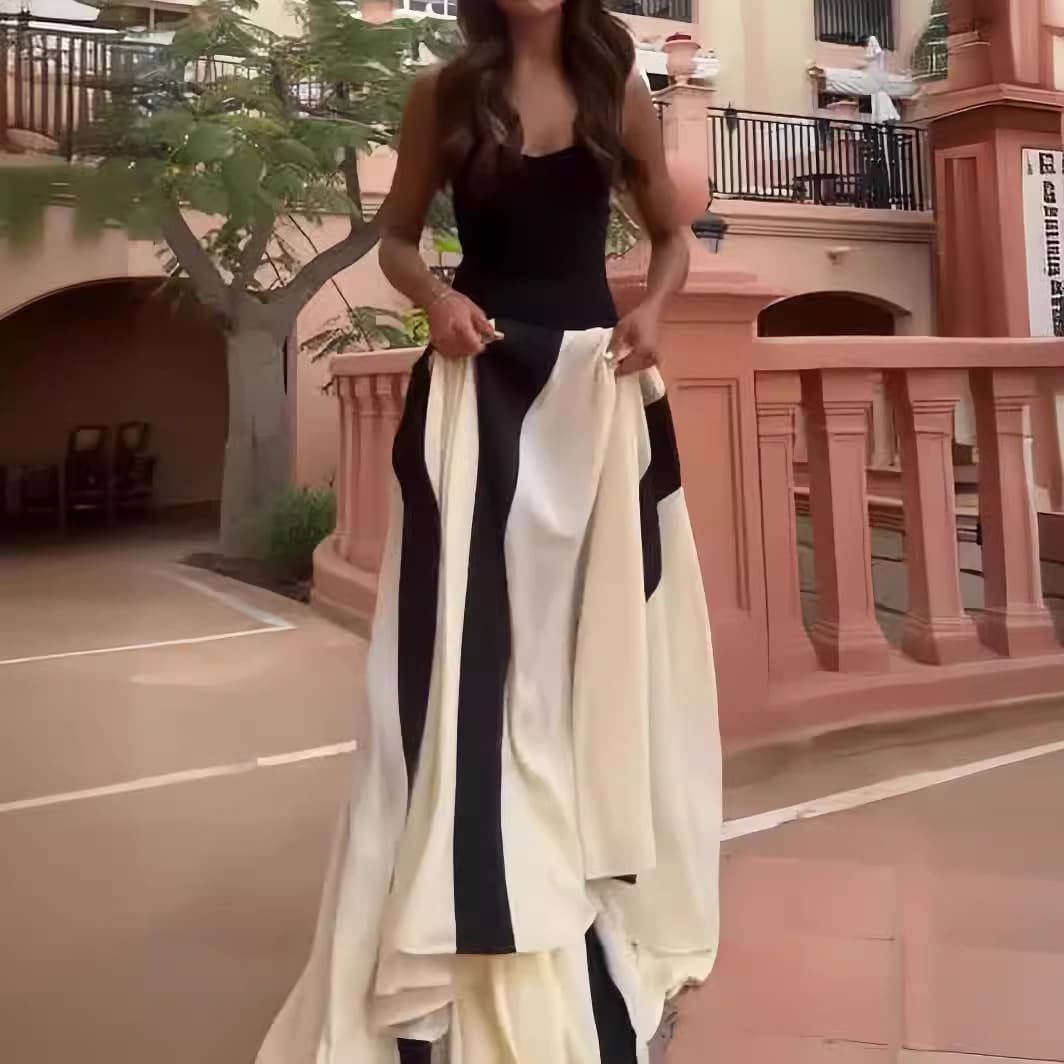 Vestido largo con contraste de colores y cintura ajustada