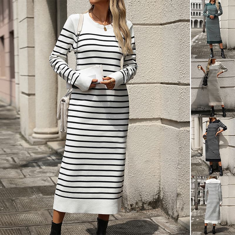 Vestido largo tejido con rayas para mujer