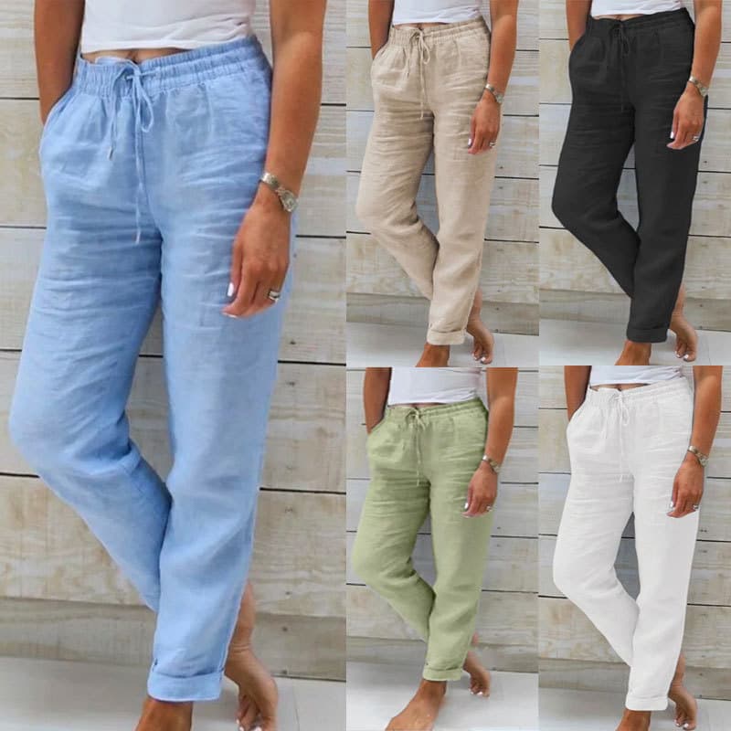 Pantalones de lino y algodón cintura alta para mujer