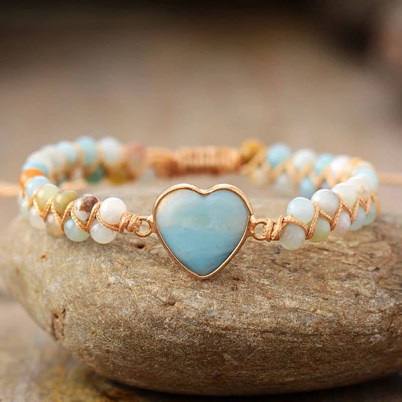 Pulsera de corazón con cordón de amazonita, estilo macramé