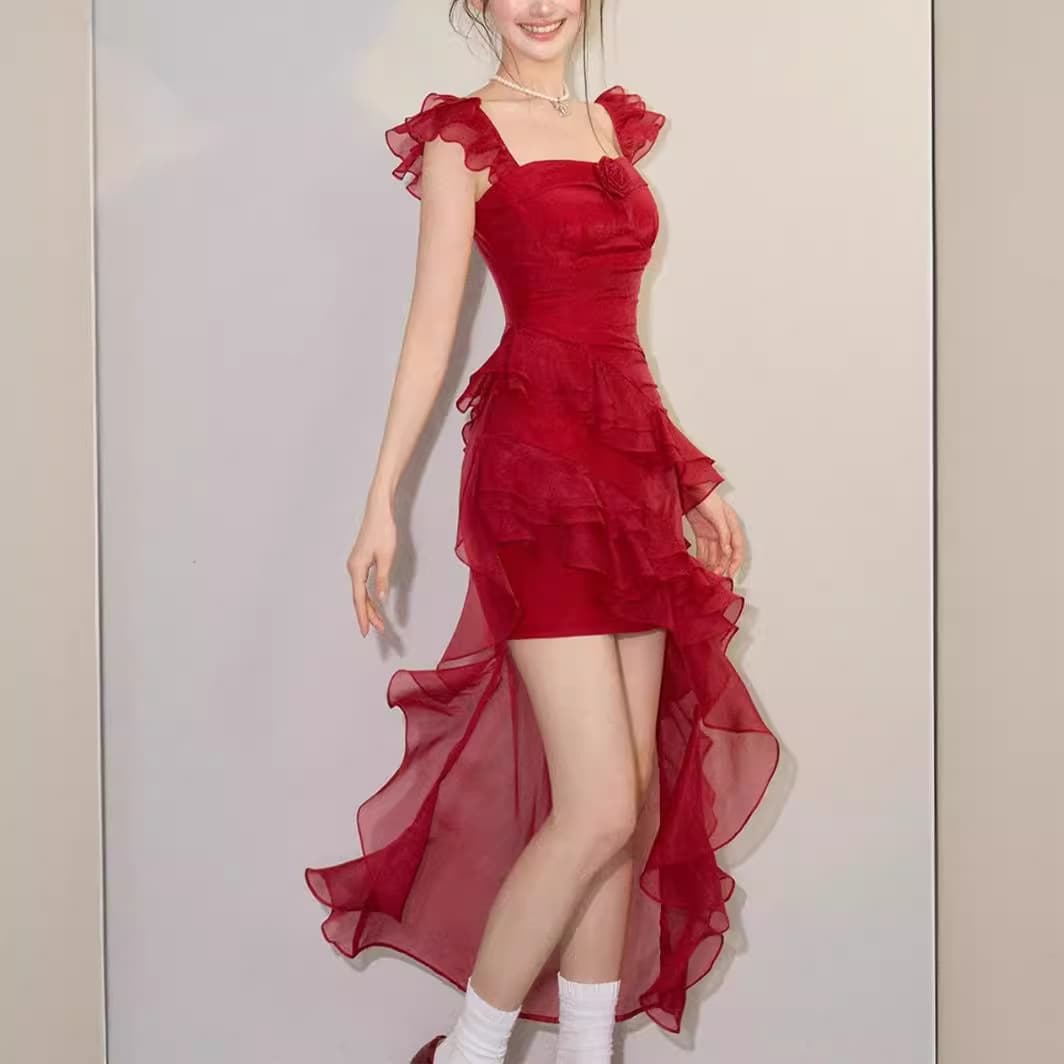 Vestido sling largo sin mangas con volantes