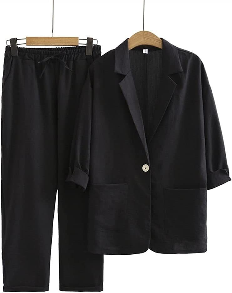Traje otoñal de abrigo y pantalones sueltos en algodón y lino