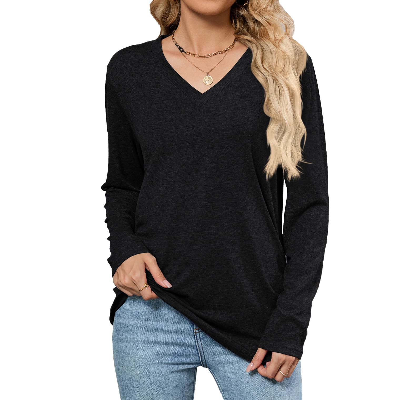 Playera manga larga cuello en V rayon suave color liso