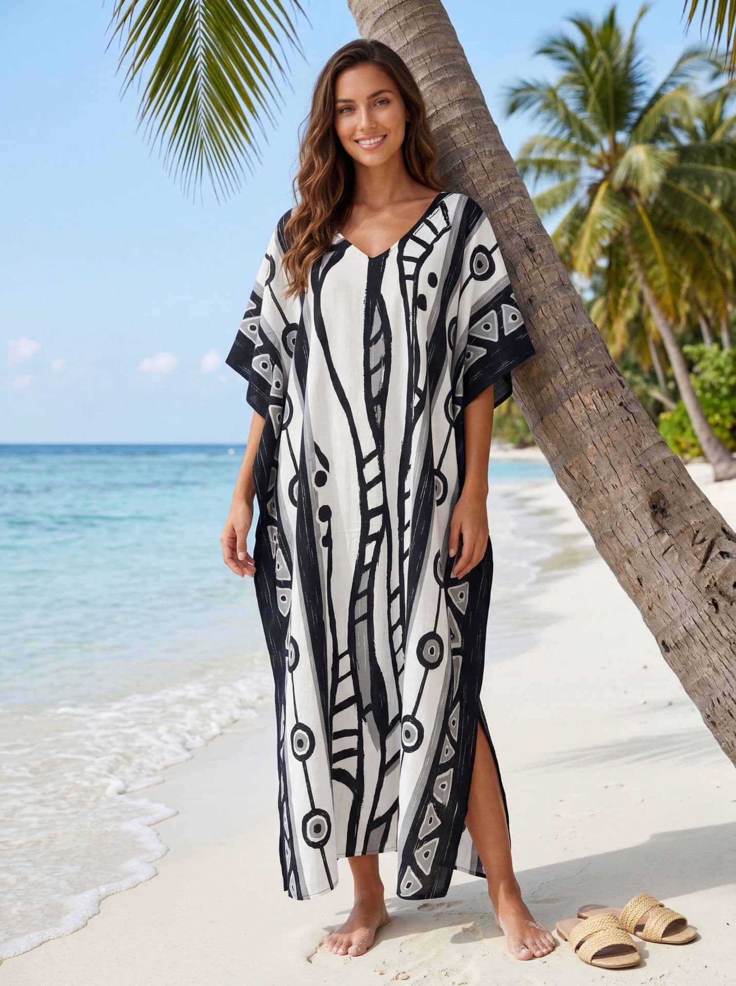 Vestido de playa talla grande kaftan suelto con escote V