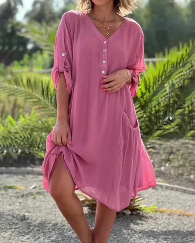Vestido cómodo con cuello en V y bolsillos