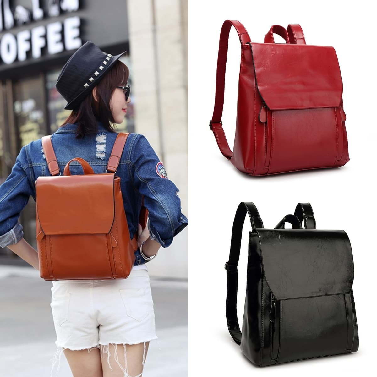 Mochila de cuero para mujer con bolsillo para laptop