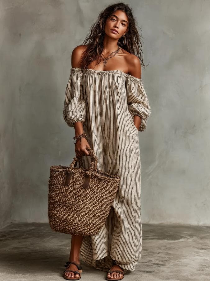 Vestido holgado rayas hombro descubierto de verano