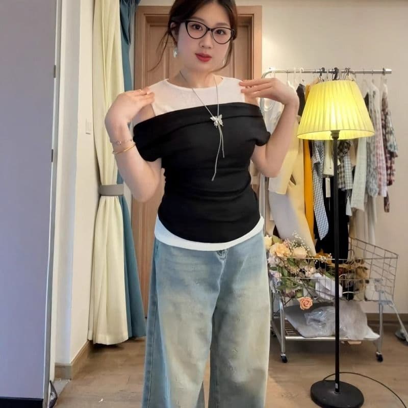 Blusa de dos piezas manga corta casual asiático