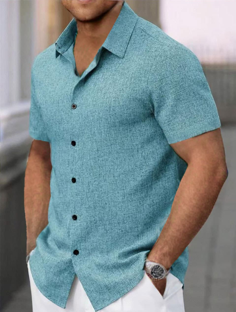 Camisa casual de lino hombre manga corta solapa
