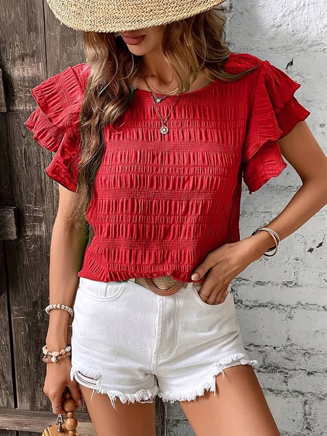 Blusa de verano casual con manga volante y pliegues