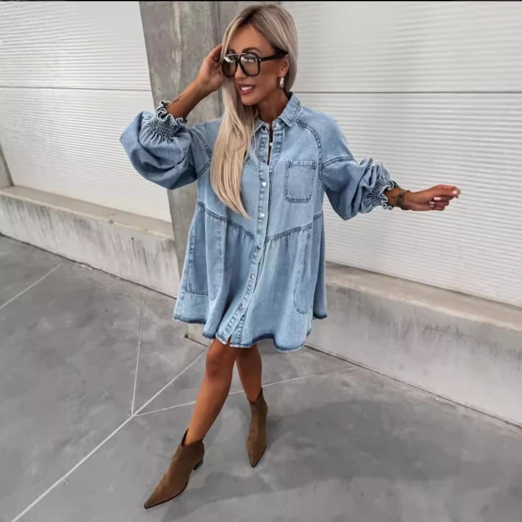 Vestido denim de manga larga con botones