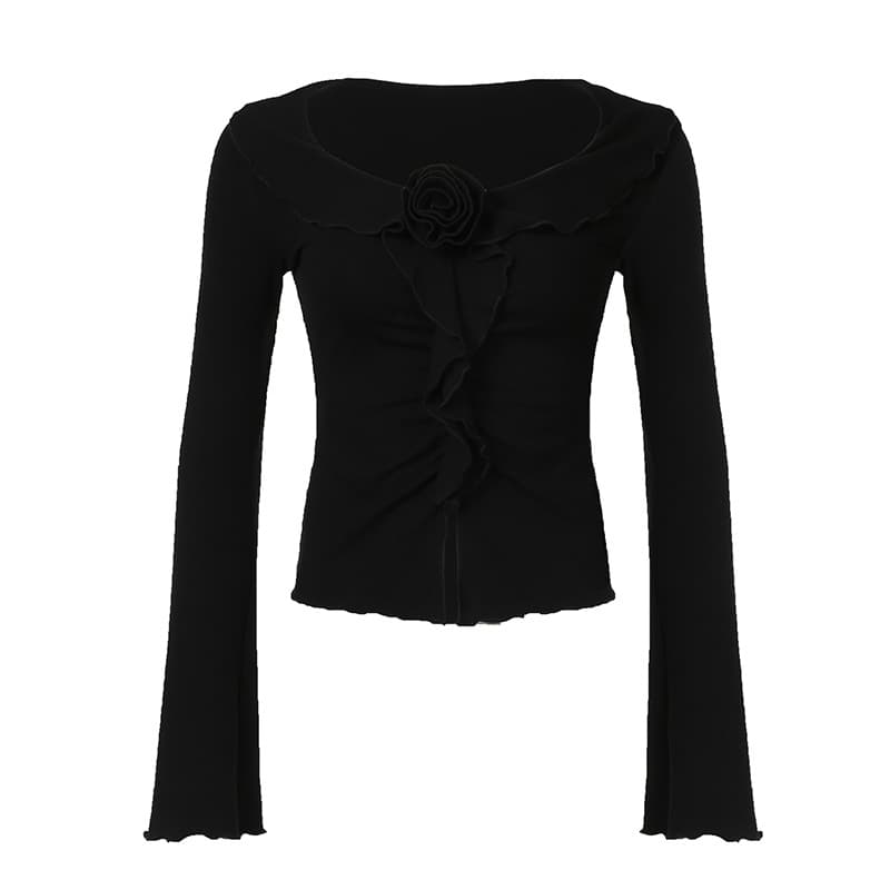 Blusa francesa con rosa tridimensional y manga acampanada