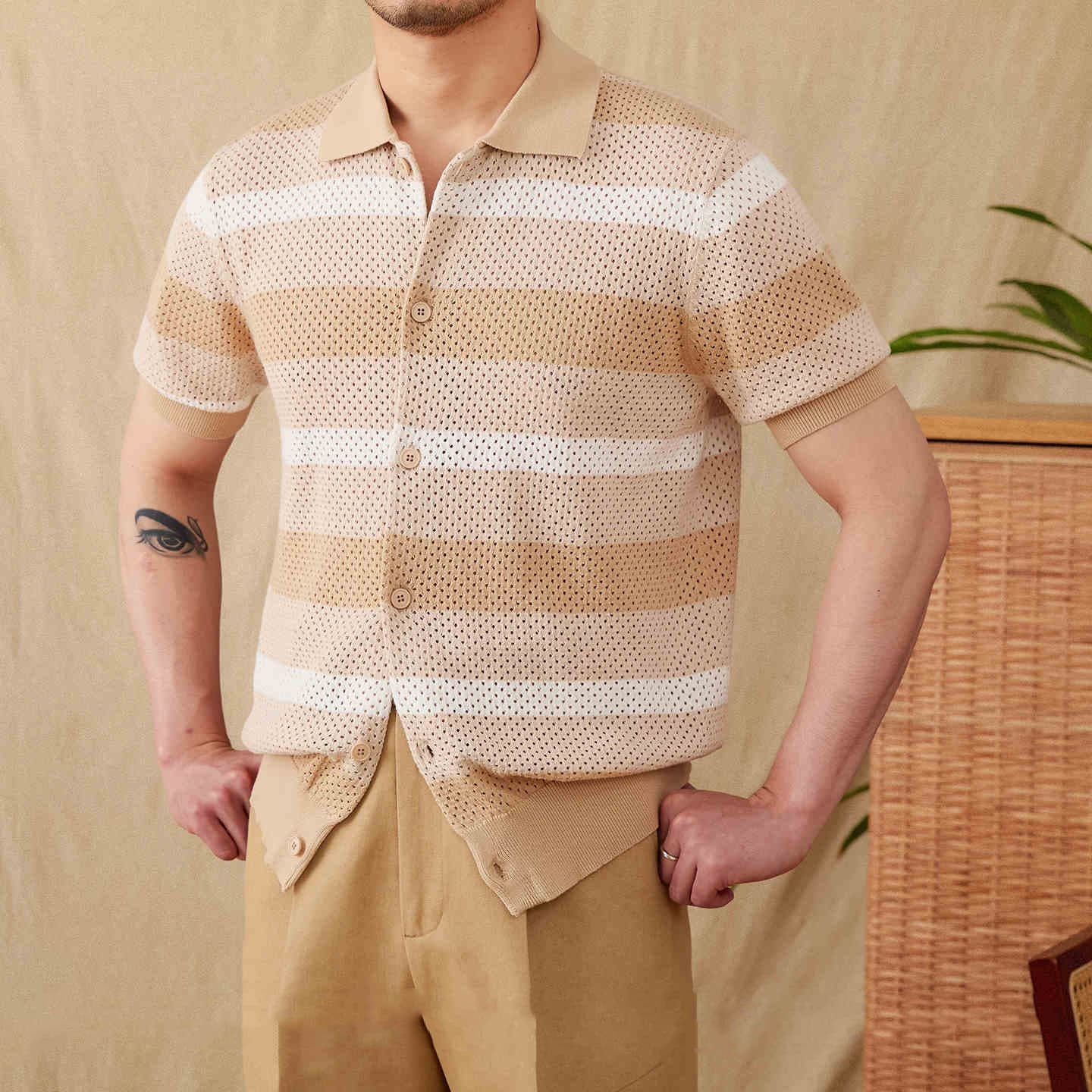 Camisa casual retro con solapa y mangas cortas
