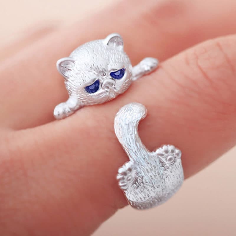 Anillo de gato con ojos azules, diseño simple abierto