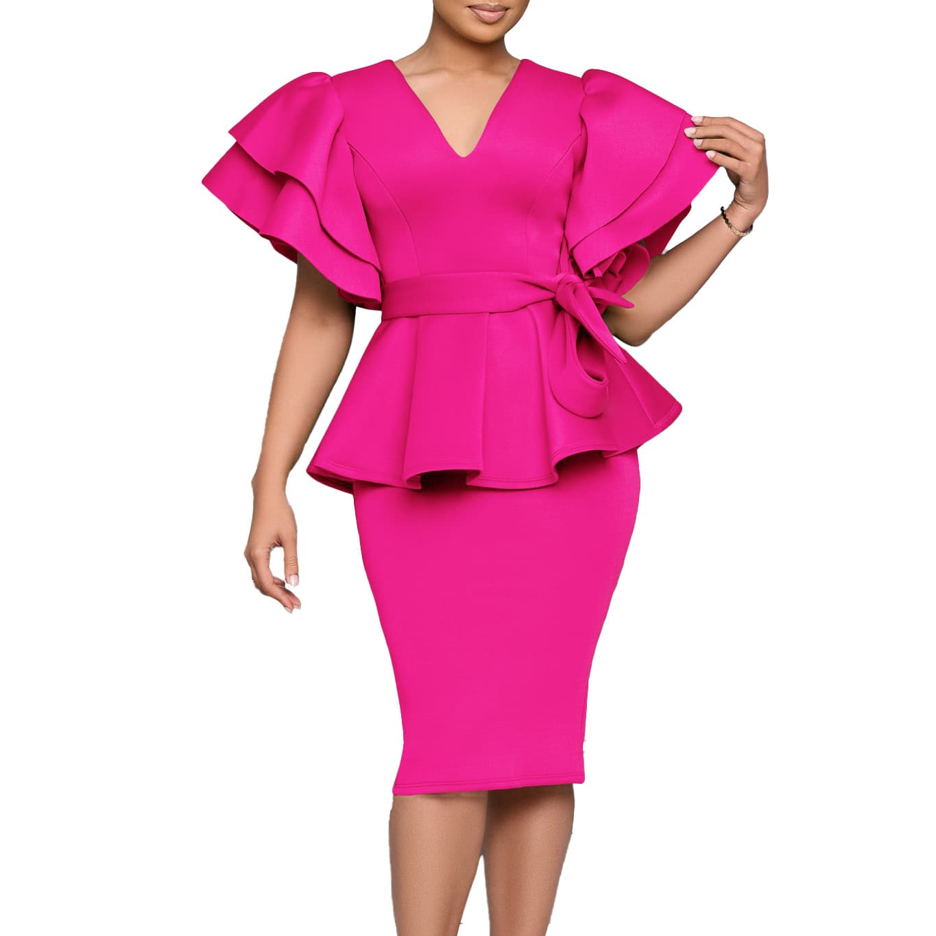 Vestido tubo con volantes color sólido