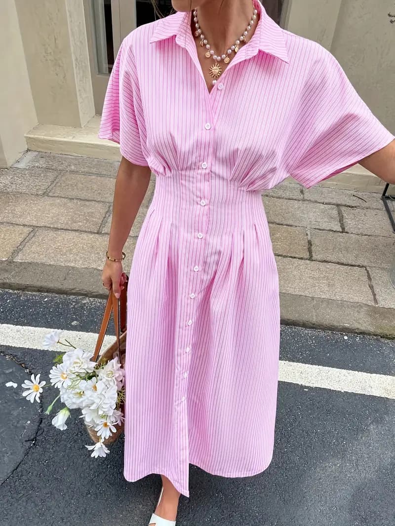 Vestido camisero de mujer con rayas, mangas cortas y falda plisada
