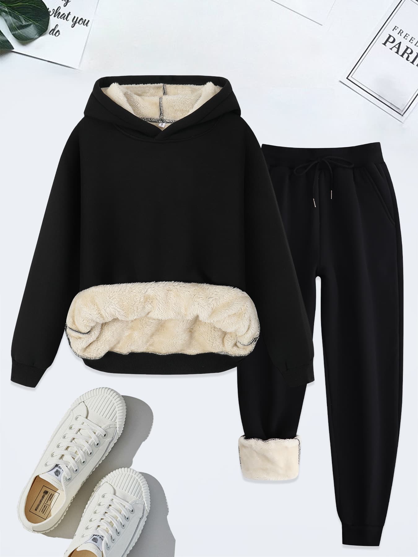 Conjunto invernal de hoodie y pantalones de lana
