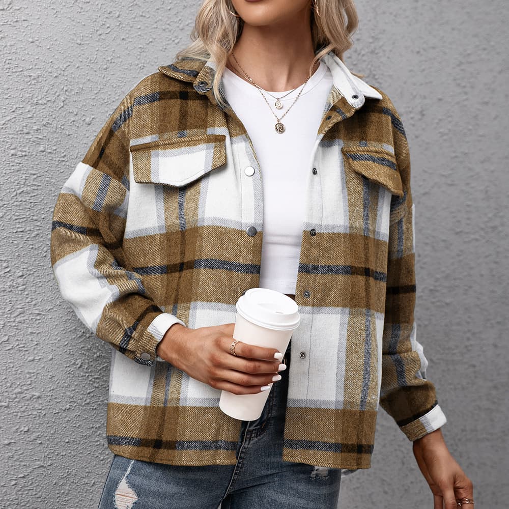Cardigan de lana gruesa con diseño cuadros, manga larga