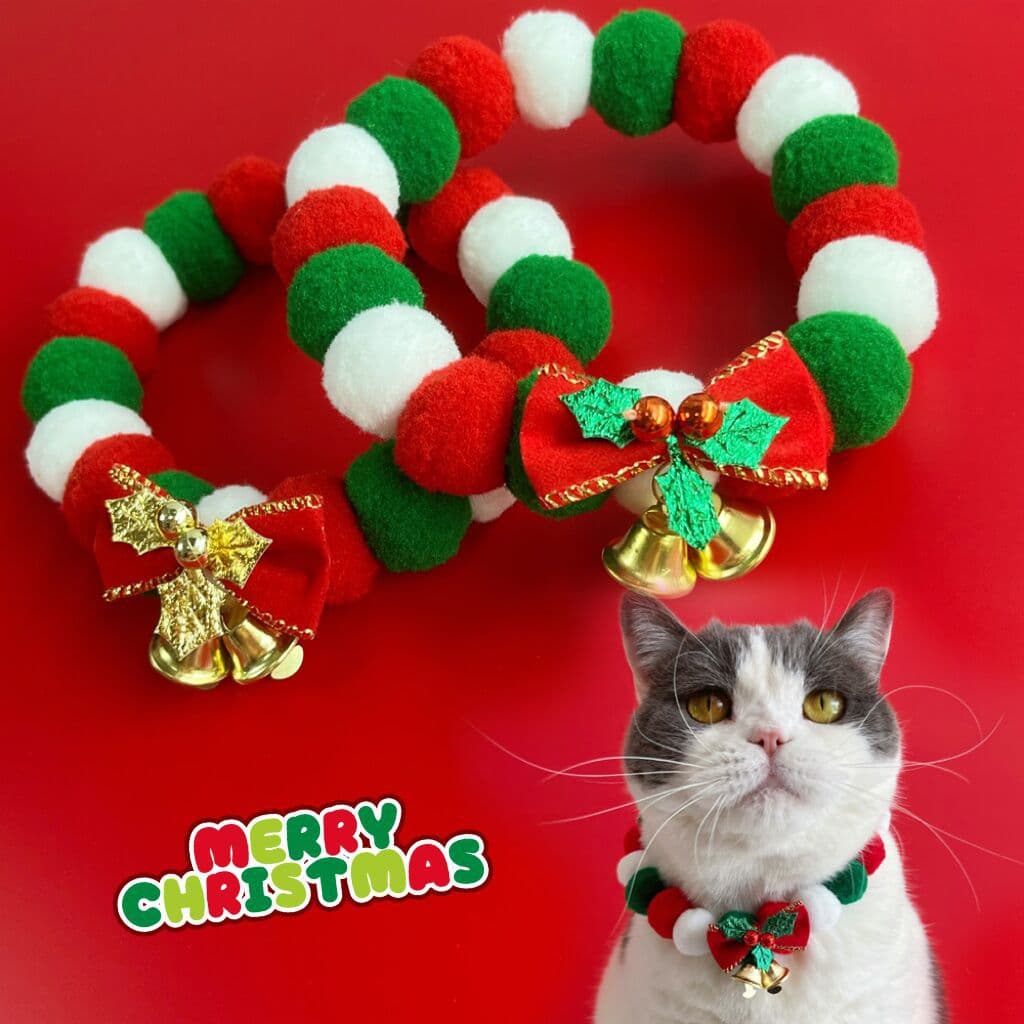 Collar Navidad mascota pompón suave con moño festivo