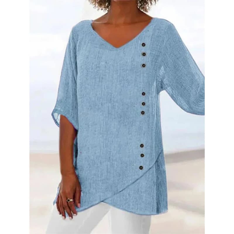 Camiseta mujer escote V algodón lino manga larga