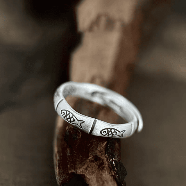 Anillo abierto plata esterlina 999 koi y bambú