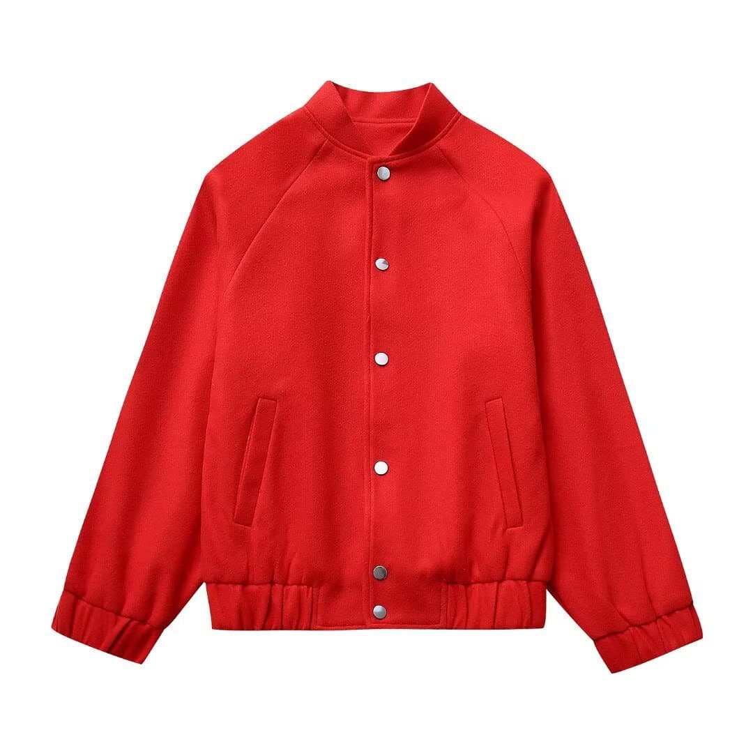 Chaqueta de uniforme de béisbol rojo con cuello alto de lana
