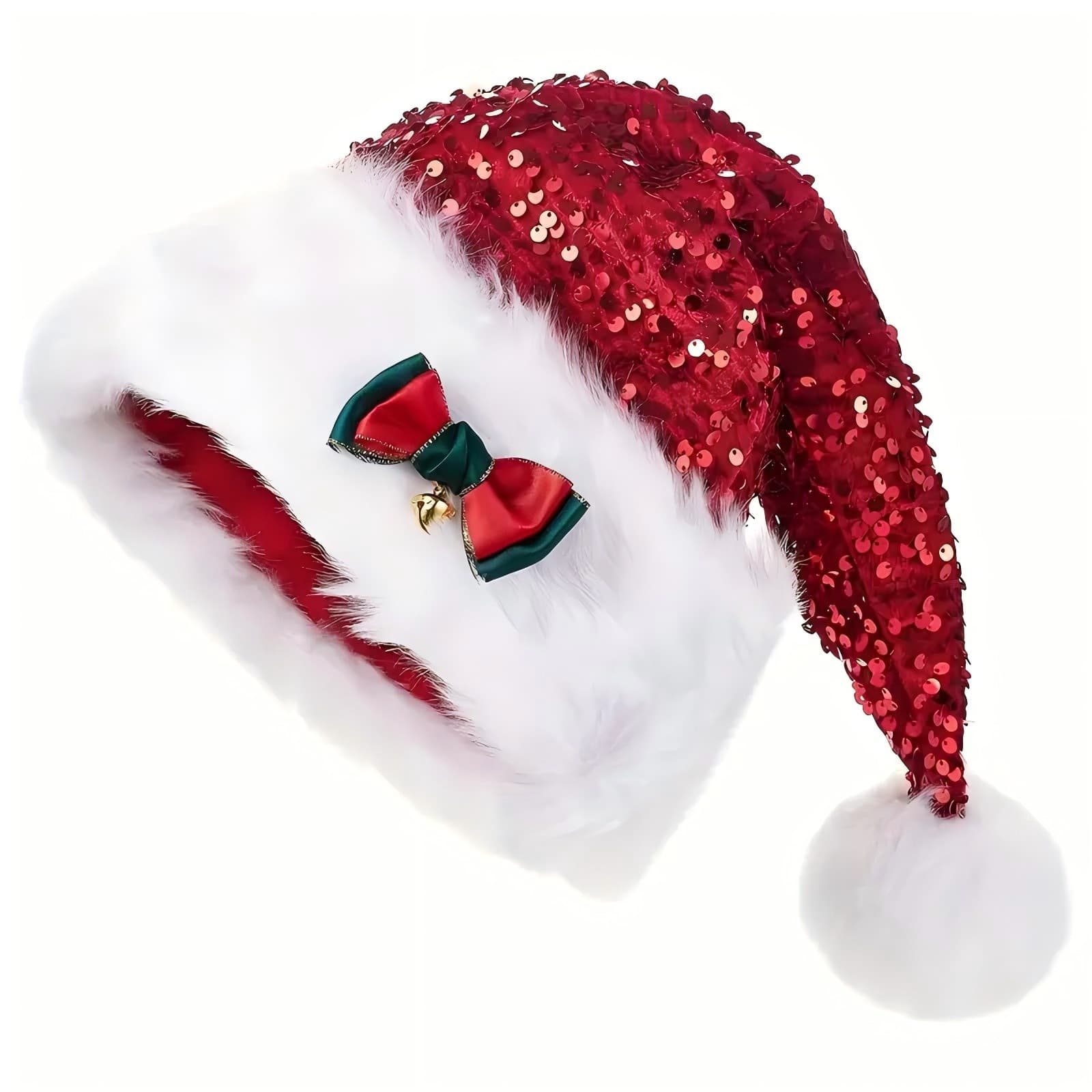 Gorro navideño con lentejuelas rojas y moño