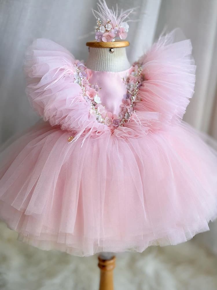 Vestido de princesa con flores, cuentas y velo para niñas
