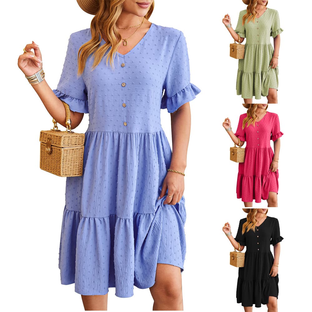 Vestido cuello V manga corta con pliegues color sólido