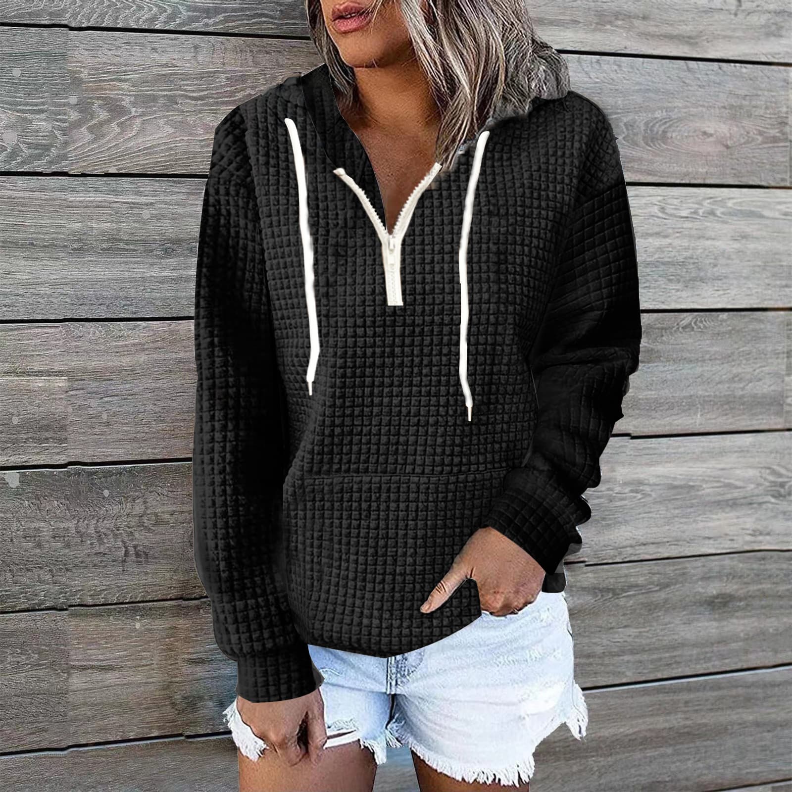 Sudadera mujer con capucha textura waffle