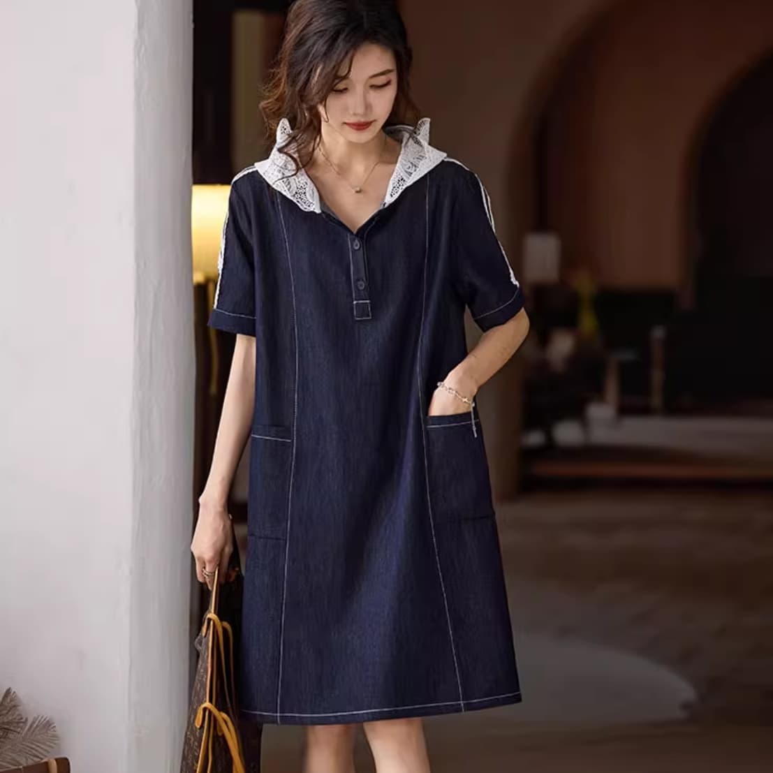 Vestido denim con capucha y encaje, talla grande