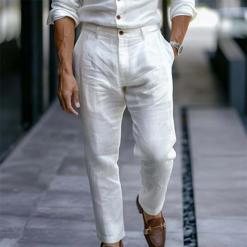 Pantalones lino hombre color sólido transpirable casual