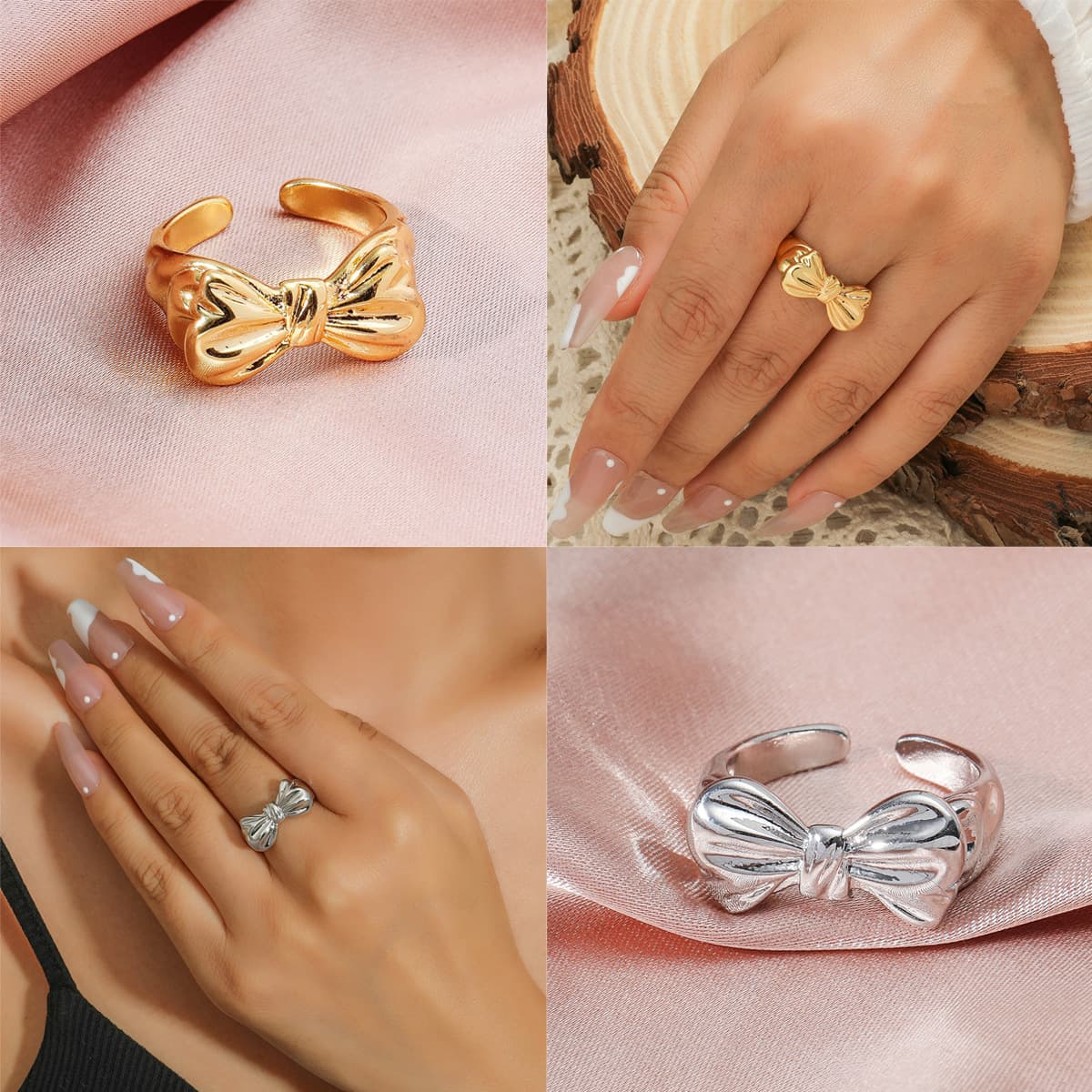 Anillo abierto de moño, plateado dorado y ajustable