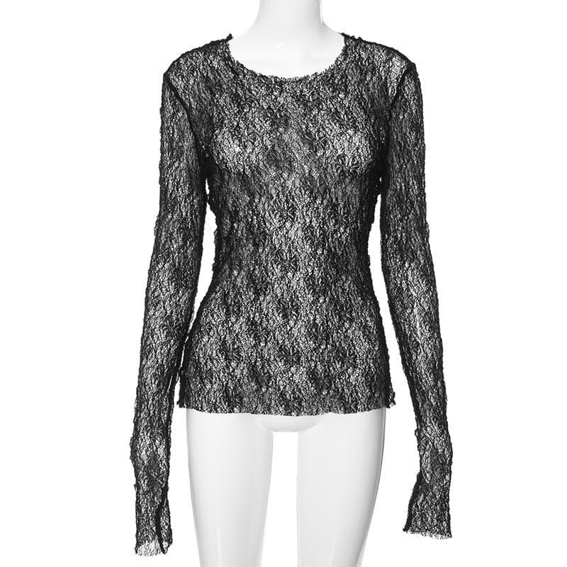 Blusa para mujer de color sólido con diseño calado y manga larga