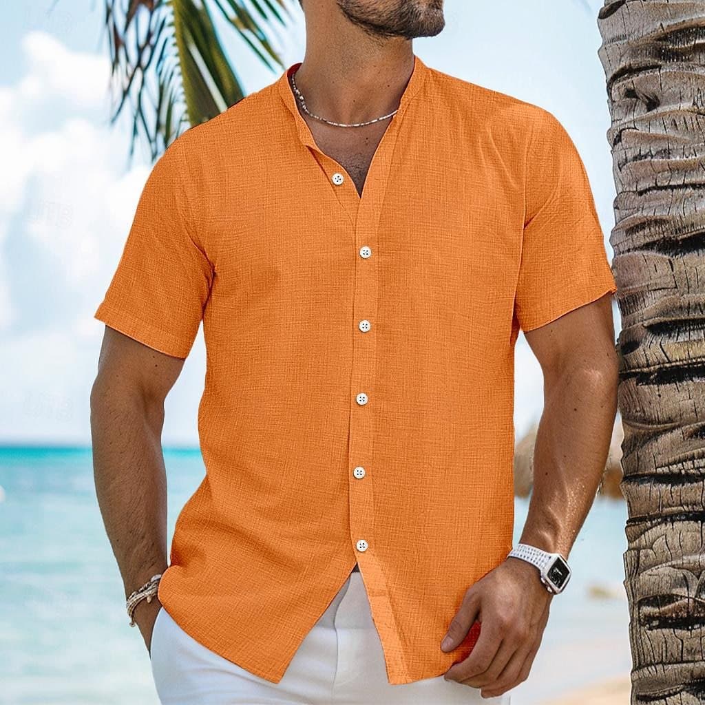 Camisa de lino con cuello Henry para hombre