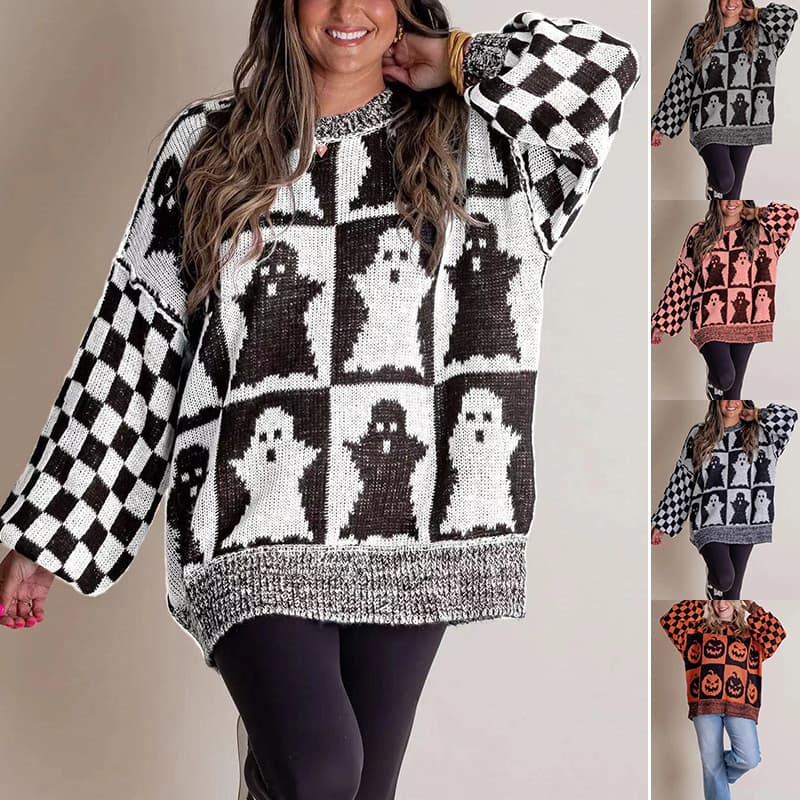 Suéter con estampado de fantasma y cuadros para otoño