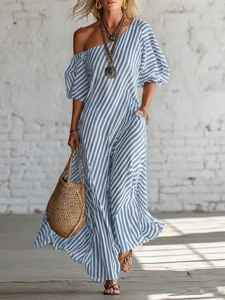 Vestido maxi escote descubierto con rayas estilo casual