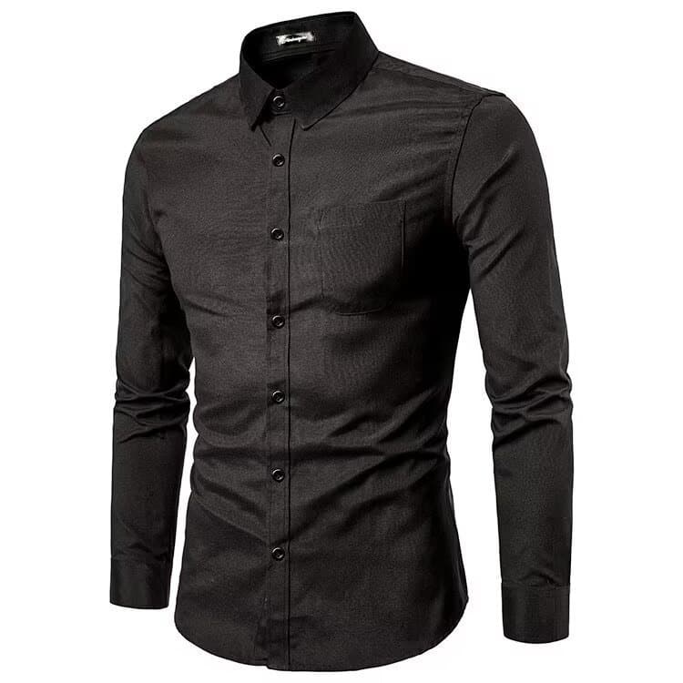 Camisa de hombre delgada color sólido manga larga