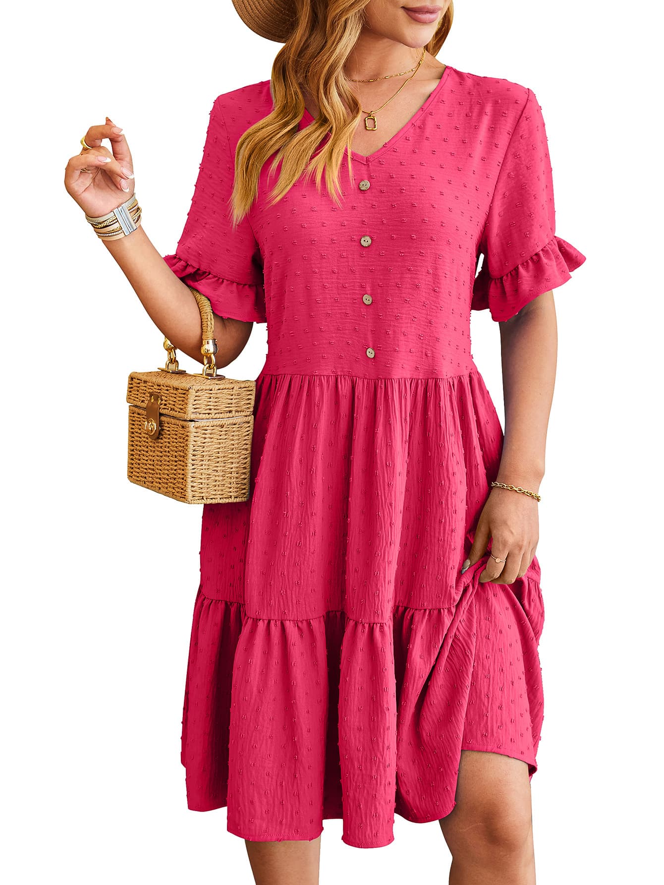 Vestido cuello V manga corta con pliegues color sólido
