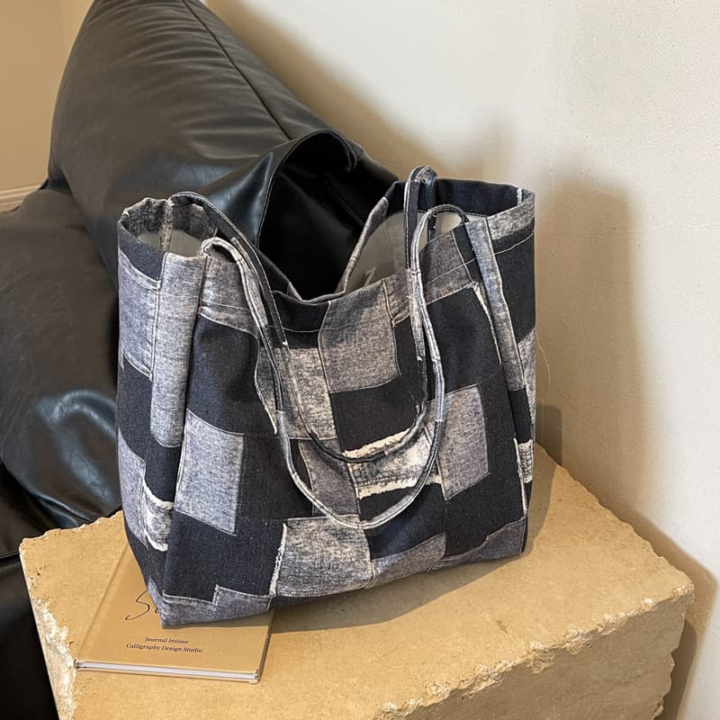 Bolsa tote lona cuadros alta capacidad