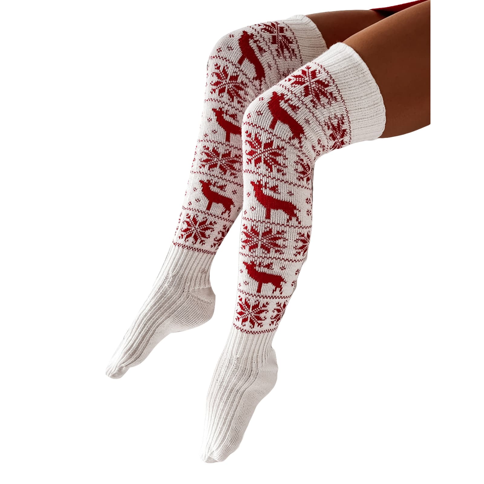 Calcetines navideños largos con estampado de reno tejido